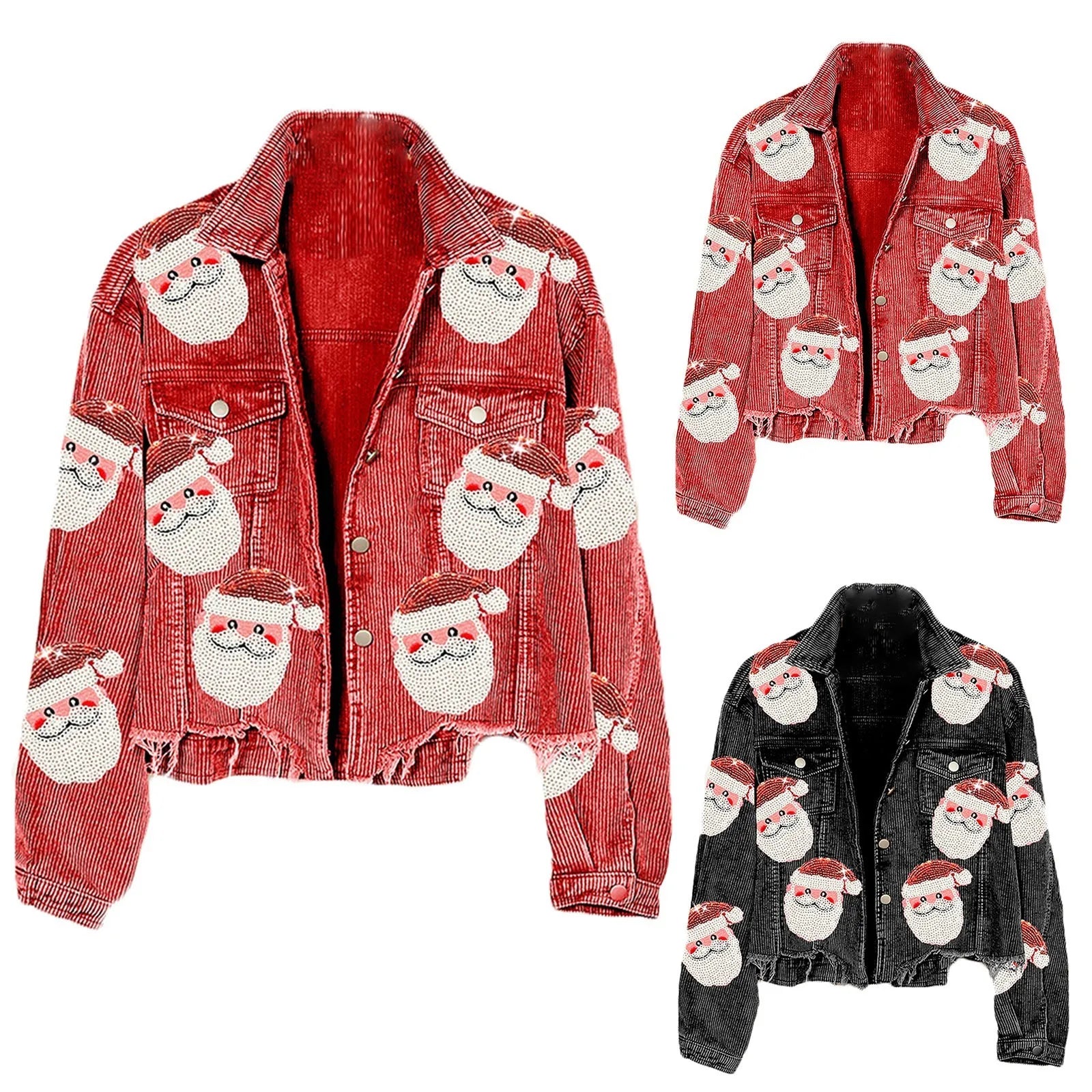 women's hooded puffer jacket -Women Autumn Winter Corduroy Print Jacket Multi-Color Santa Claus Pattern Sequin Baseball Jacket Laides Christmas Short Jackets