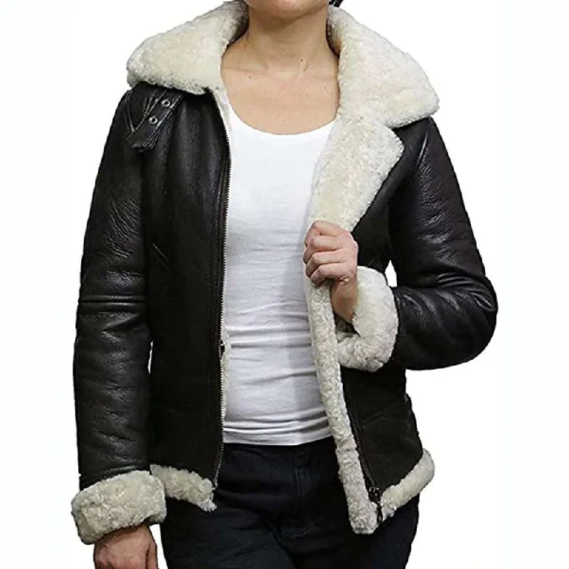 ladies' quilted bomber jacket -Women WW2 Aviator Pilot Shearling Black Leather Jacket