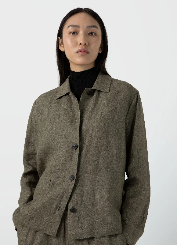 ladies' long trench coat -Women's Linen Twin Pocket Jacket in Khaki