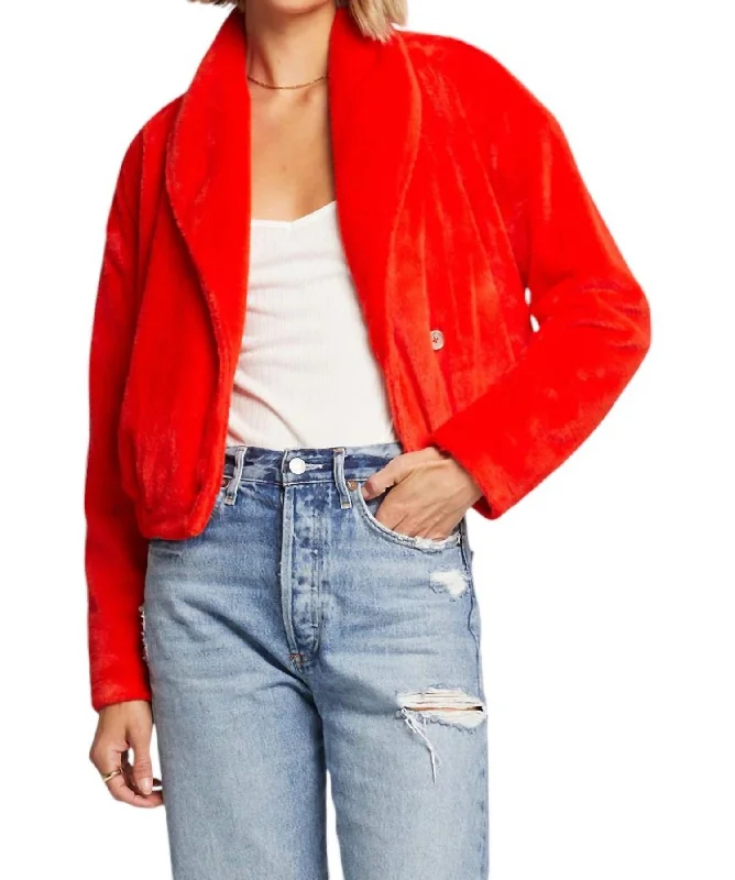 trendy oversized varsity jacket for women -Faux Fur Jacket In Flame