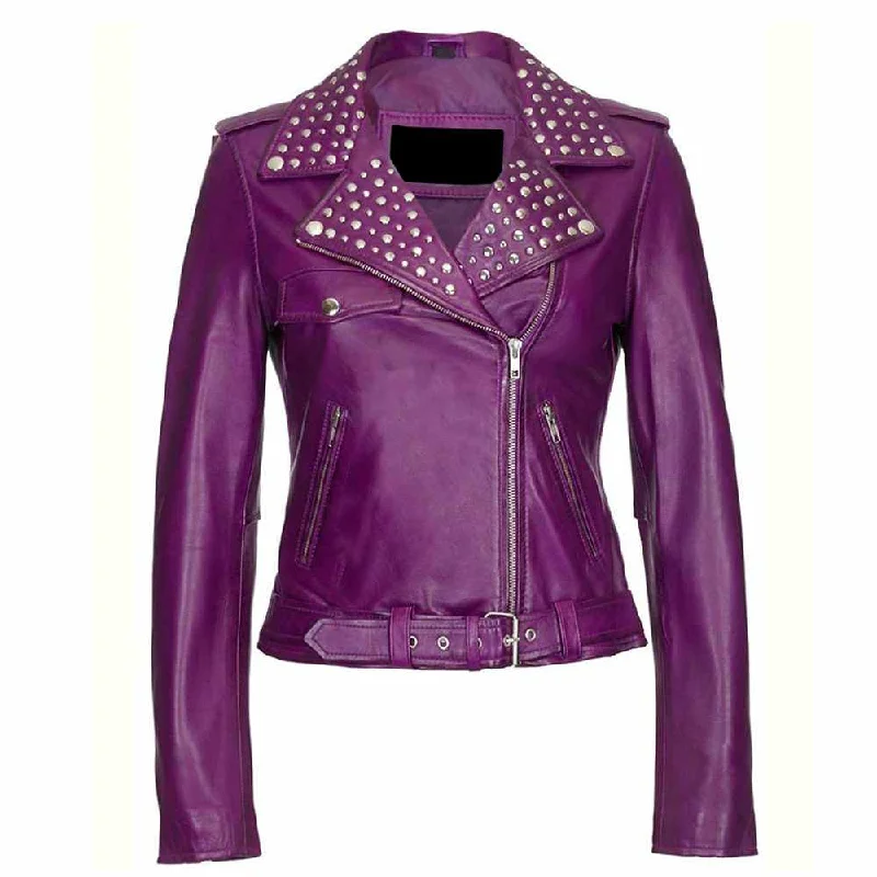 women's tailored houndstooth coat -Studded Leather Purple Biker Jacket