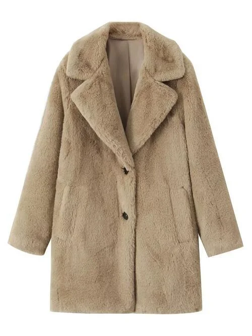 women's high-neck puffer coat -Faux Fur Lapel Neck Coat with Pocket