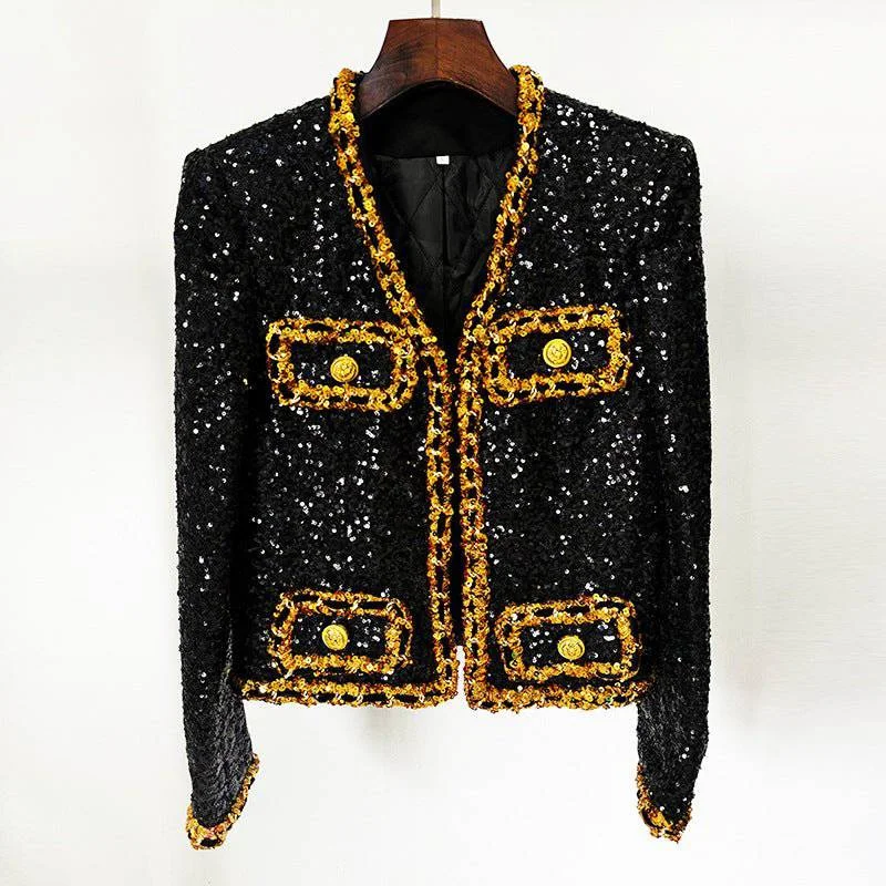 women's reversible puffer jacket -Natasha Long Sleeve Golden Lining Sequined Jacket