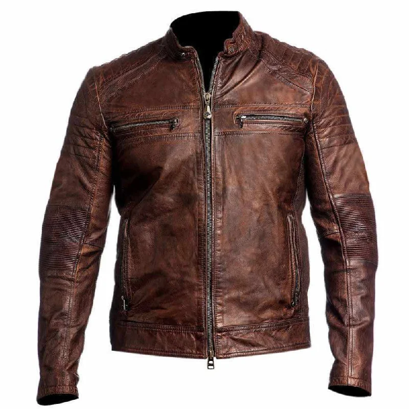 women's padded down jacket -Men Slim Fit Vintage Motorcycle Waxed Leather Jacket