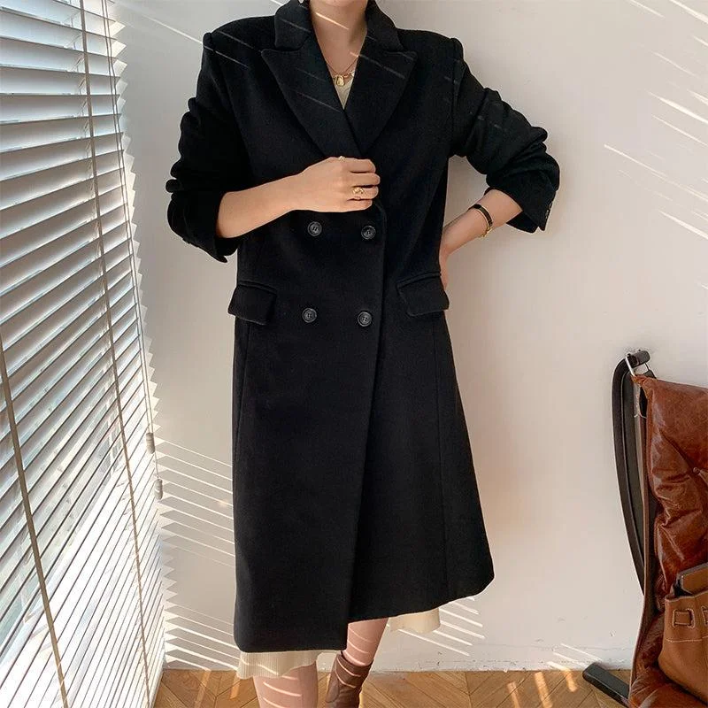 women's glossy vinyl trench coat -Oversize Black Thicken Long Wool Coat