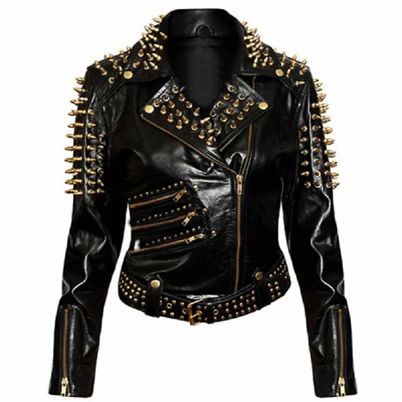 stylish asymmetric wrap coat for women -Women Gold Studded Biker Fashion Black Leather Jacket