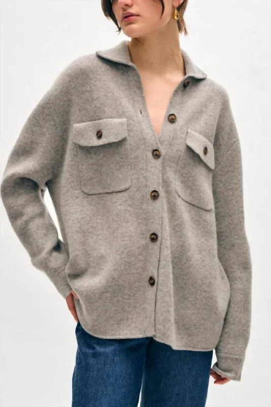 ladies' quilted bomber jacket -Cashmere Luxe Button Down Shacket In Grey Heather