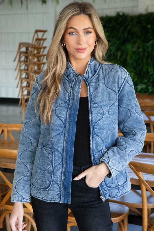 women's padded down jacket -Ayra Snow Washed Quilted Jacket, Denim