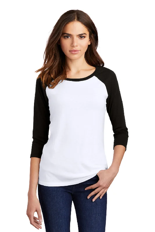 women's striped off-shoulder top -District Womens Perfect Tri 3/4 Sleeve Crewneck T-Shirt - White/Black