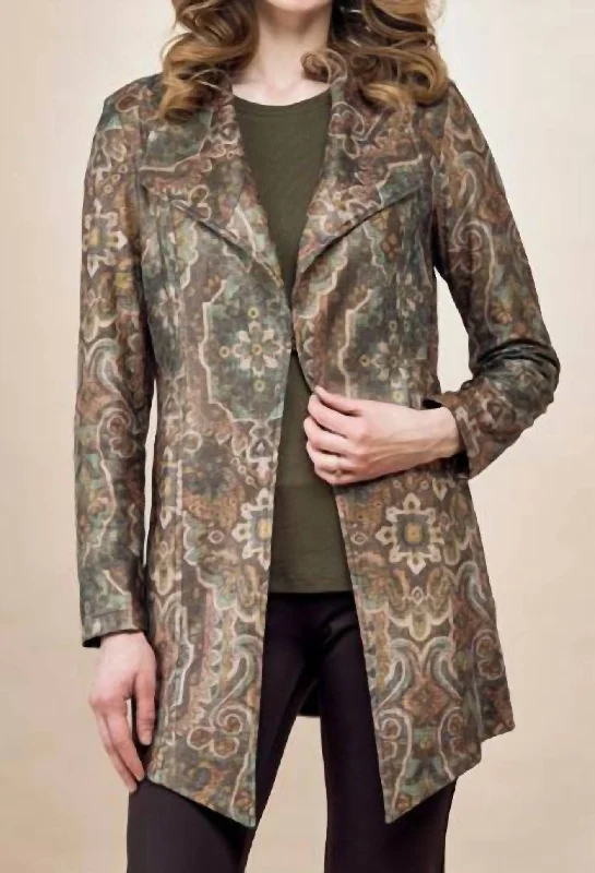 women's minimalist winter coat -Long Tapestry Print Jacket - Bcj76A03Mpr In Liquid Green