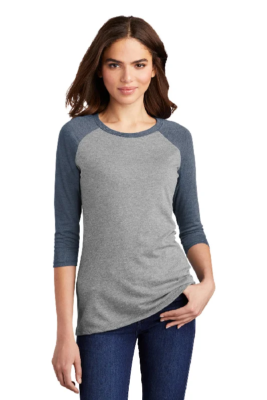 trendy color block top for women -District Womens Perfect Tri 3/4 Sleeve Crewneck T-Shirt - Grey Frost/Navy Blue