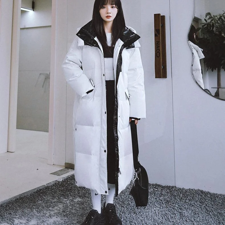 women's houndstooth print coat -Hooded Long Qulited Down Puffer Coat