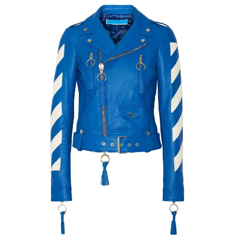 women's floral embroidered jacket -Women Cropped Blue Genuine Leather Fashion Jacket