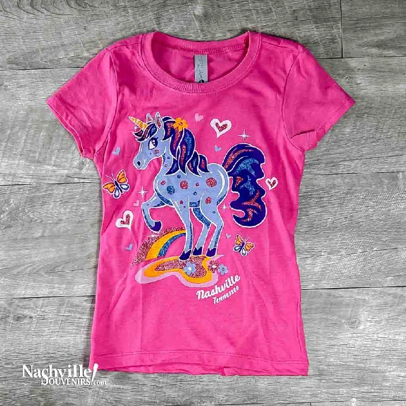 women's embroidered boho tunic -Kids pink "Nashville Glittery Unicorn" T-shirt