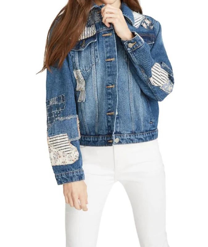 women's high-neck puffer coat -Patched Up Denim Jacket In Med Wash