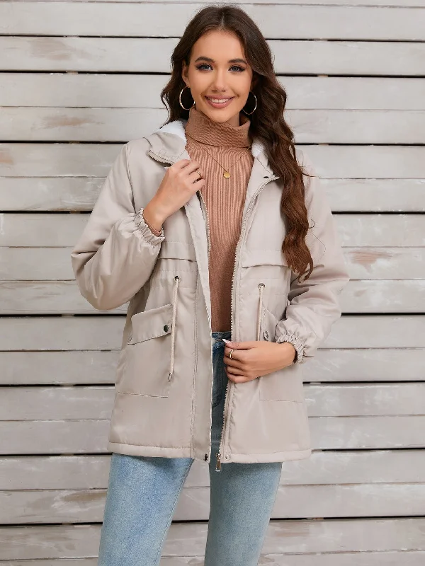 women's detachable hood parka -Drawstring Long Sleeve Hooded Jacket