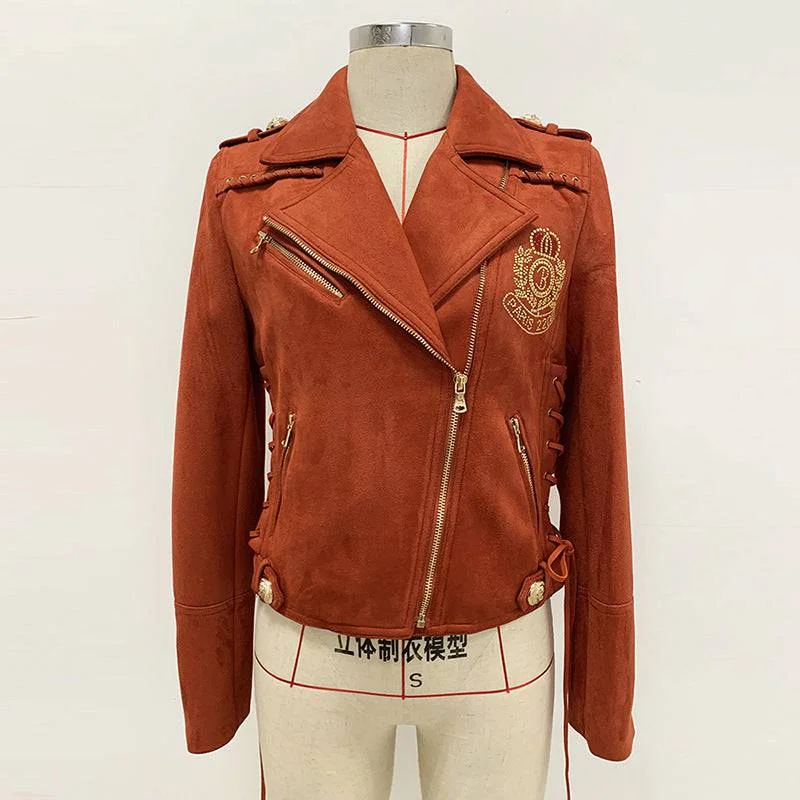 women's zip-up biker jacket -Eliane Lacing Up Tassel Synthetic Suede Leather Jacket