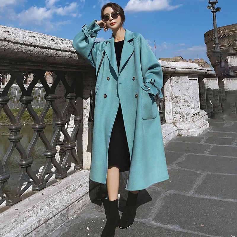 women's long padded winter coat -Loose Double Breasted Wool Blend Long Coat