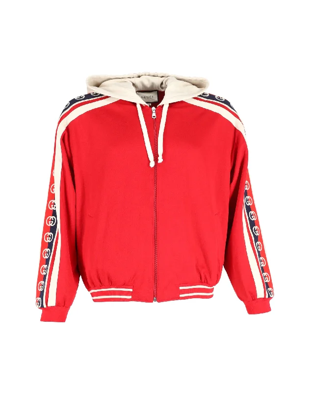 women's waterproof raincoat -Gucci Web-Trimmed Zip-Up Hoodie in Red Cotton