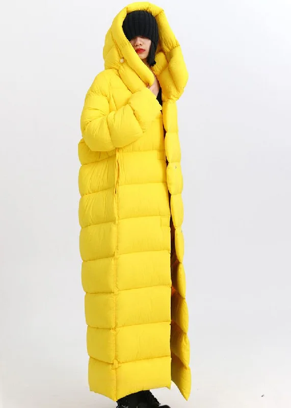 women's leather belted trench coat -Yellow  Duck Down Hooded Maxi Puffer Coat