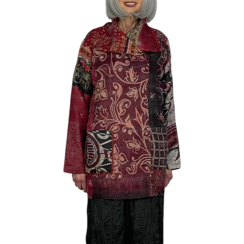 women's high-neck puffer coat -VINTAGE SILK KANTHA POCKET JACKET