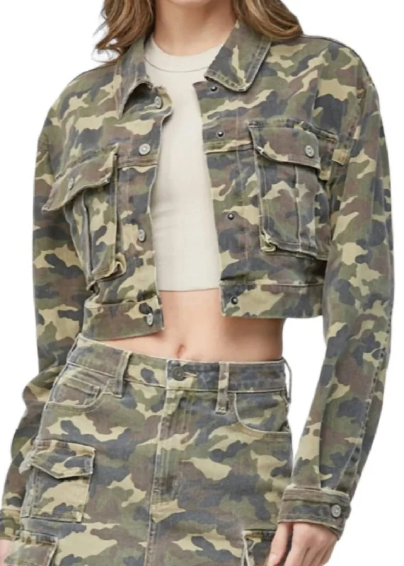 women's hooded puffer jacket -Camo Cropped Cargo Jacket In Camouflage