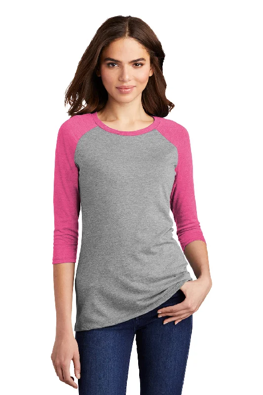 trendy crop top for women -District Womens Perfect Tri 3/4 Sleeve Crewneck T-Shirt - Grey Frost/Fuchsia Pink