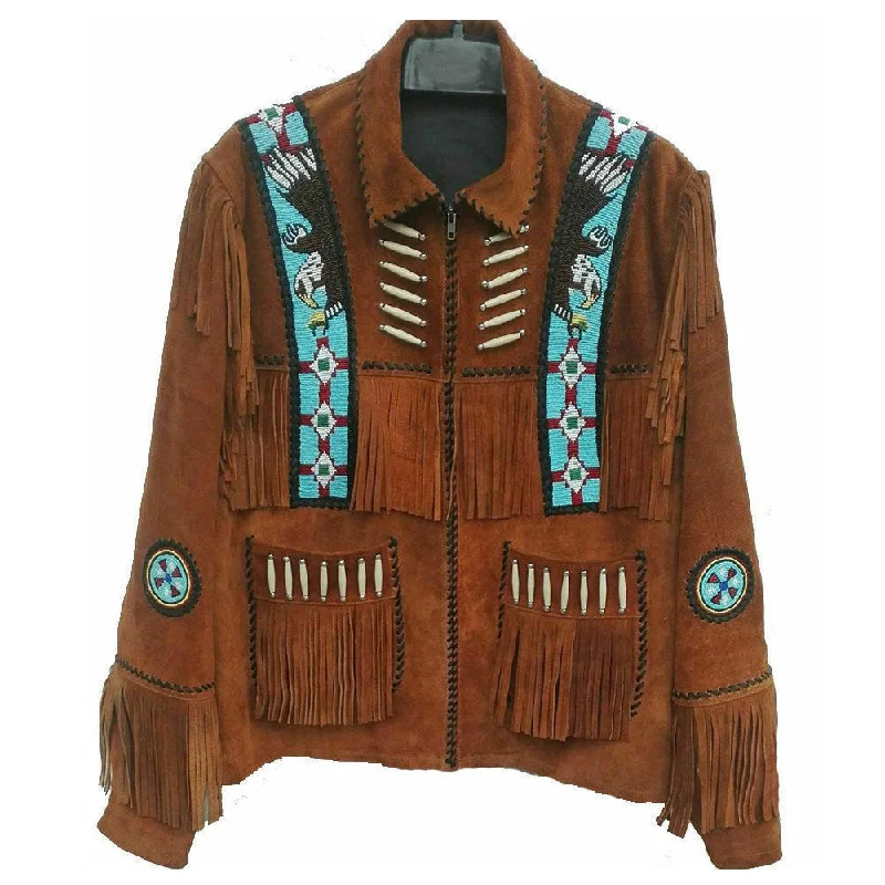 women's floral print kimono jacket -Cowboy Fringe Beads Leather Jacket