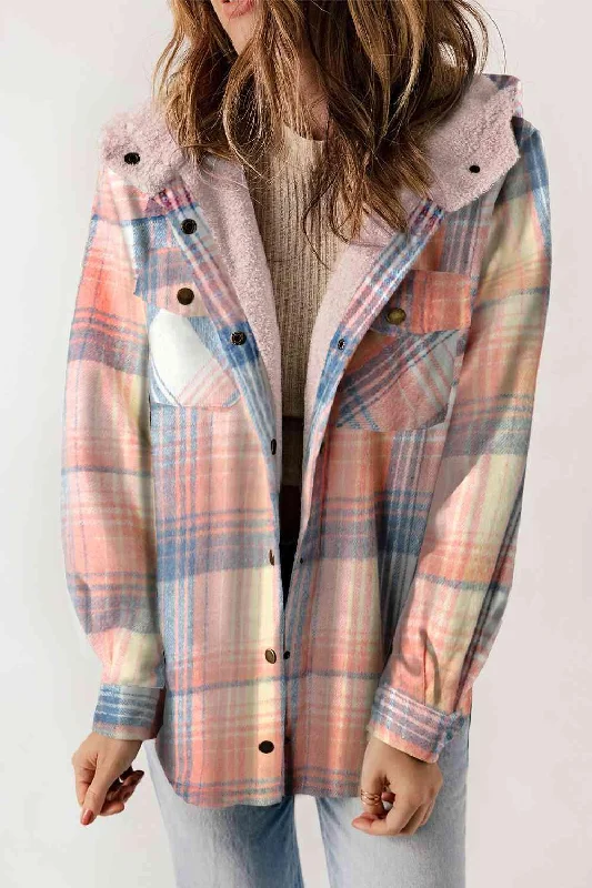 women's structured tweed blazer -Plaid Snap Down Hooded Jacket - Stylish & Cozy Outerwear for All Seasons