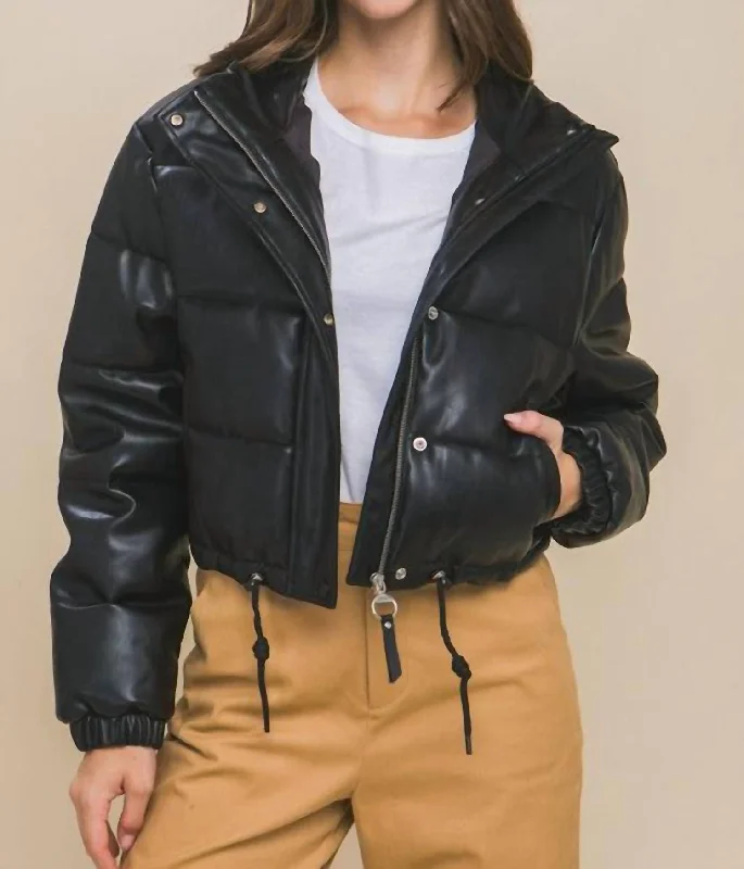 women's double-breasted coat -Faux Leather Puffer Jacket In Black