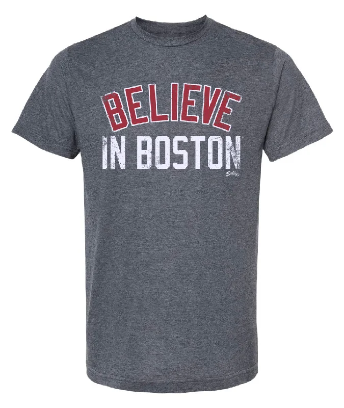 women's mock neck ribbed top -Believe in Boston - Heather Navy - T-Shirt