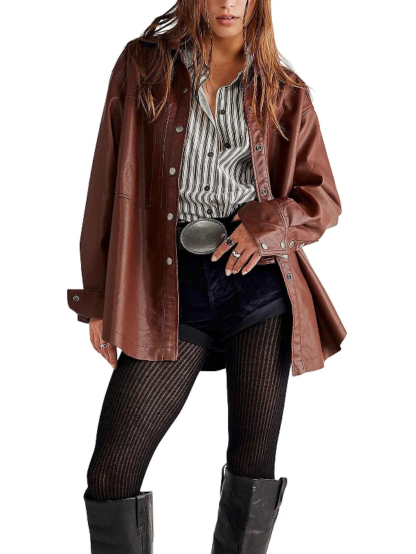 ladies' classic tailored blazer -Womens Faux Leather Lightweight Shirt Jacket