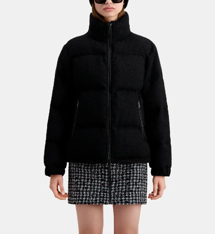 trendy faux fur jacket for women -Tweed Puffer Jacket