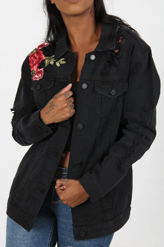 stylish asymmetric wrap coat for women -Destructed Rose Patch Denim Jacket