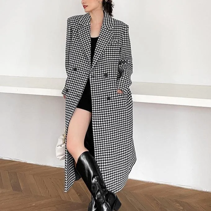 stylish cropped leather jacket for women -Houndstooth Oversized Long Wool Coat