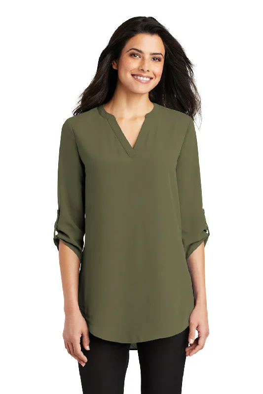 women's V-neck chiffon top -Port Authority Womens 3/4 Sleeve V-Neck T-Shirt - Deep Olive Green