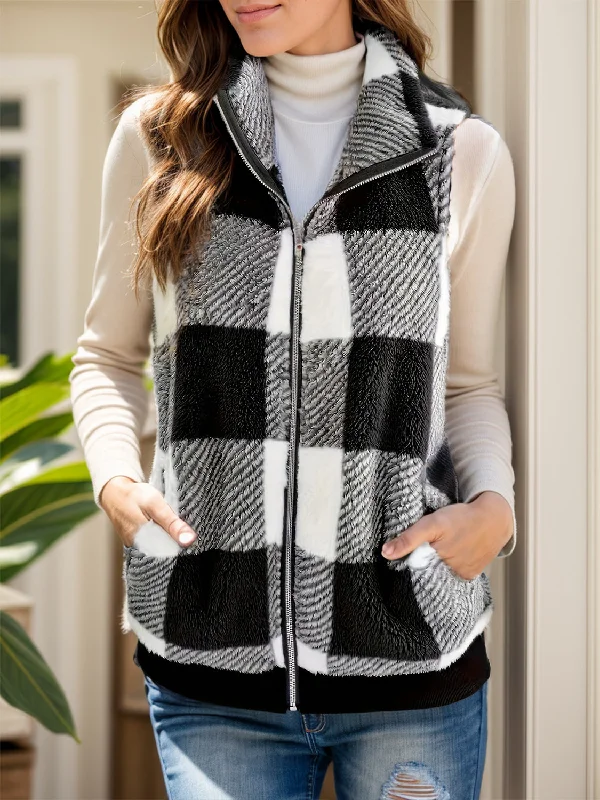 women's long padded winter coat -Pocketed Plaid Zip Up Vest Coat