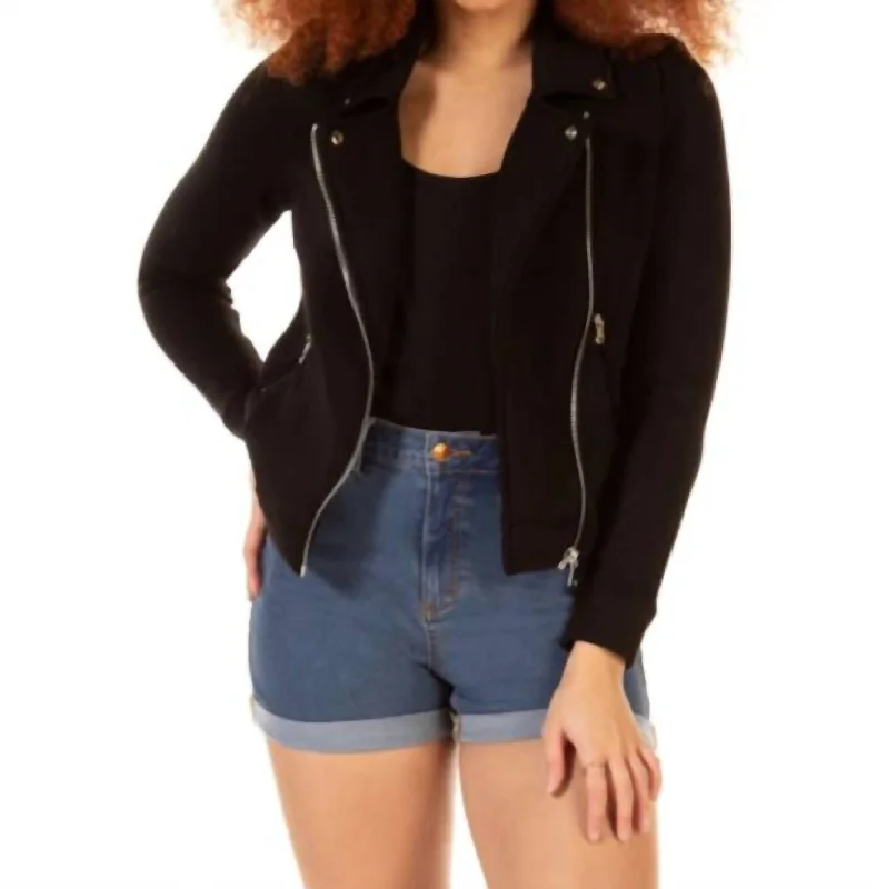 women's varsity bomber jacket -Stretch Knit Moto Jacket In Black