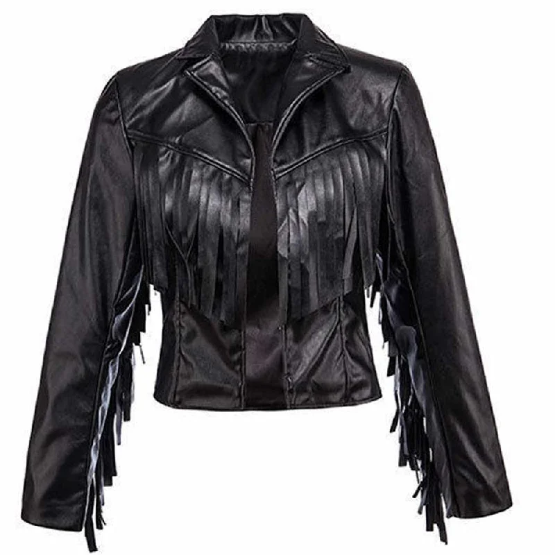 women's utility field jacket -Black Bomber Fashion Fringe Leather Jacket Women