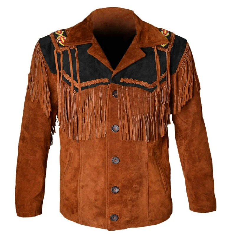 women's detachable hood parka -Dark Brown Cowboy Fringe Suede Leather Western Jacket