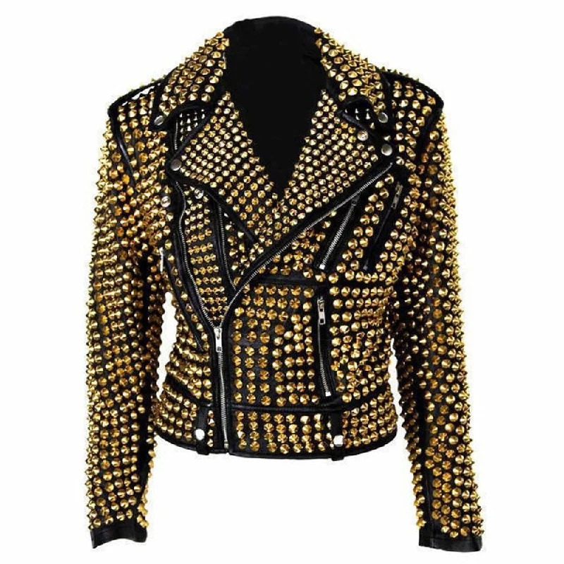 women's metallic puffer jacket -Studded Leather Golden Heavy Metal Jacket