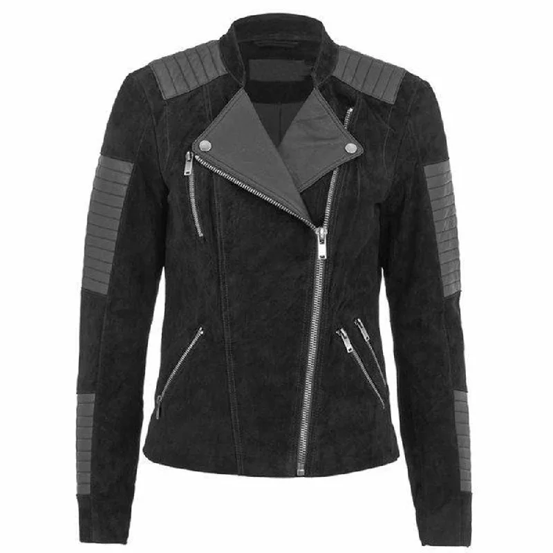 women's lightweight cargo jacket -Women Black Nubuck Leather Motorcycle Fashion Jacket