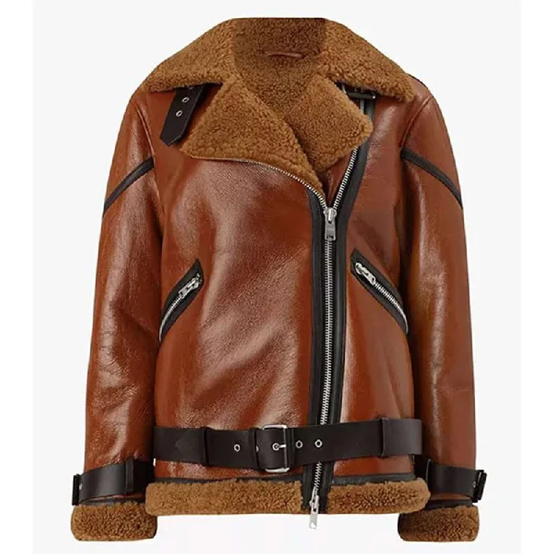 women's high-neck puffer coat -Women Brown B3 Shearling Biker Leather Jacket