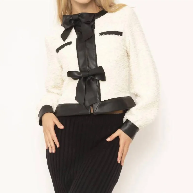 women's plaid wool coat -Arden Boucle Bow Jacket In White