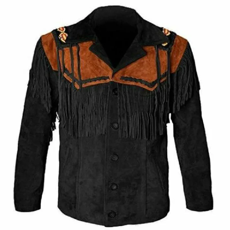 women's ruched sleeve blazer -Black Brown Western Fringe Leather Jacket