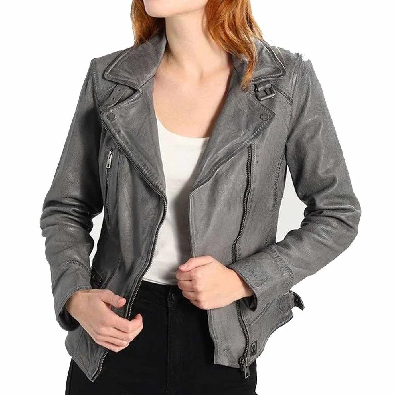 women's striped wool-blend coat -Elegant Stylish Gray Motorcycle Fashion Leather Jacket Women