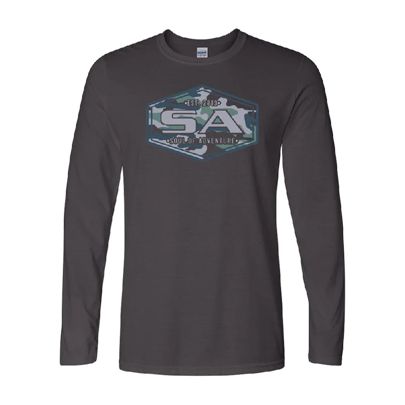 ladies' off-shoulder smocked top -Graphic Tee | Blue Mountain Camo | Charcoal