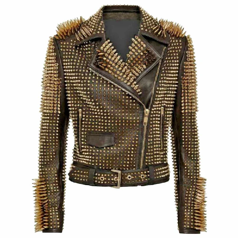 women's fur-trimmed winter coat -Golden Studded Leather Spikes Jacket