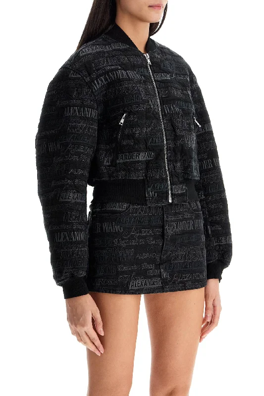 trendy oversized long coat for women -Alexander Wang Denim Bomber Jacket With Embroidered Lettering