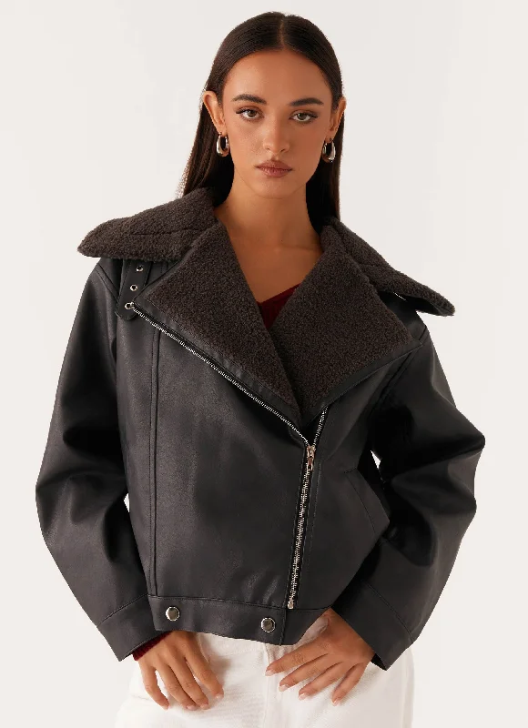 ladies' wrap front wool coat -Inka PU Leather Shearling Jacket - Charcoal